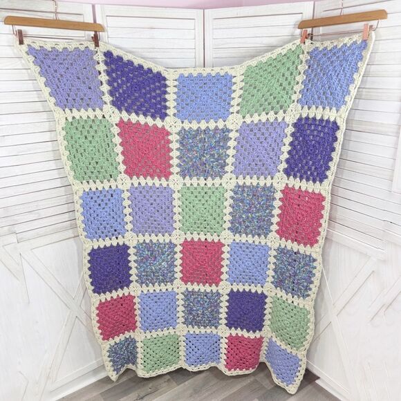 Handmade Granny Square Crochet Afghan Blanket White Multicolor Pink Purple Green - Picture 2 of 6